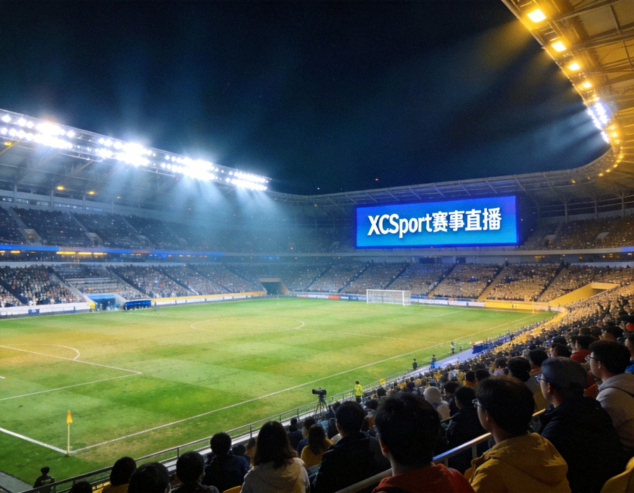 夜色中的大型足球场看台与球场灯光，XCSport 赛事直播场景